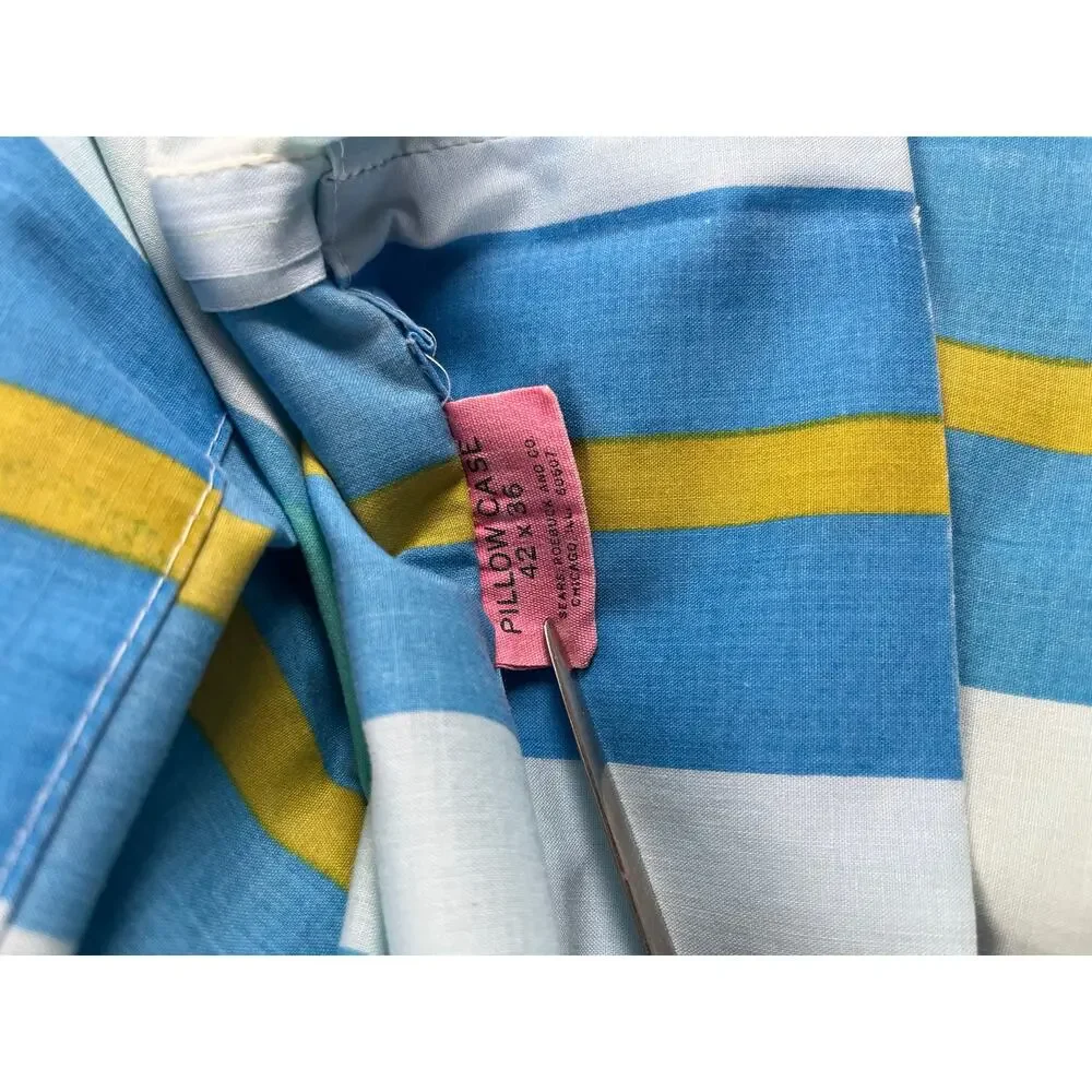 Sears Mixables Sierra Stripe Blue Double Bed Fitted Sheet 2 Pillowcases 1970s